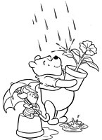 do wydruku kolorowanki Kubuś Puchatek i Przyjaciele, prosiaczek i kubuś na deszczu, prosiaczek ma parasol siedzi na dużej donicy, a kubuś puchatek trzyma donicę z kwiatem na którą pada deszcz - obrazek dla dzieci do pokolorowania - numer  30